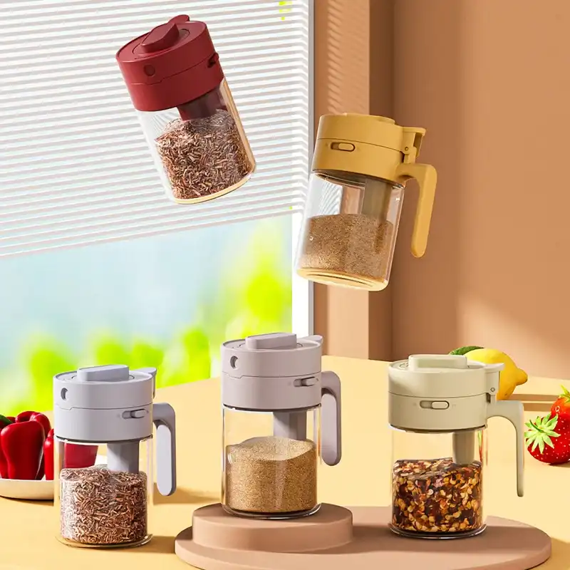 Practical Sealed 2 In Salt Container Dustproof Locking Design Spice Sorting Bottle Moisture-proof Spoon Separated Glass Spice Bottle Countertop